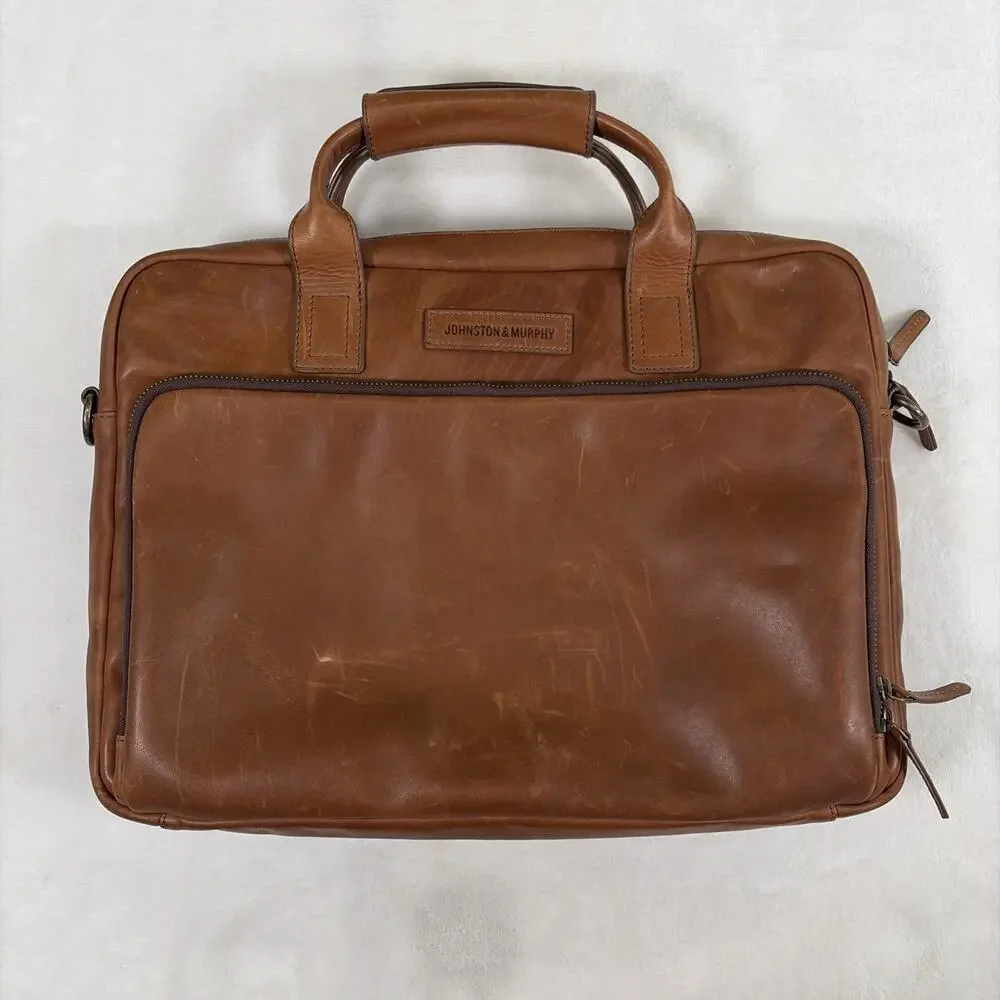 Johnston & Murphy Brown Leather Messenger Laptop Carry On Bag Briefcase Charity